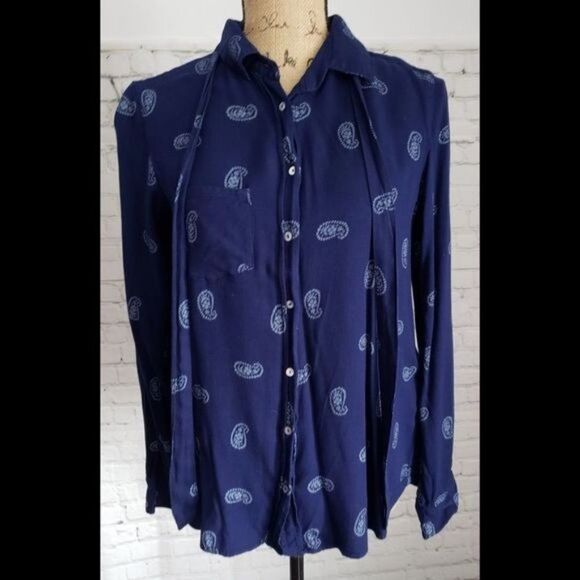 Zara Navy Blue Paisley Button Down Shirt - Picture 2 of 9